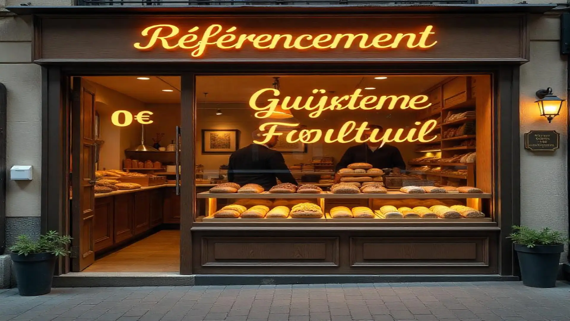 Vitrine de boulangerie affichant Référencement gratuit Google à 0 euro, optimisation SEO local